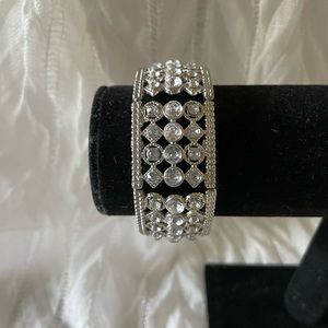 Rhinestone silver tone cuff link stretchy bracelet